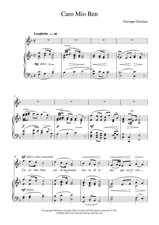 Preview Giuseppe Giordani Caro Mio Ben Classical sheet music, notes and chords for Piano & Vocal, SKU: 15768 sheet music, piano notes, chords, guitar tabs, score, transpose, transcribe, how to play, guide, download, learn, tutorial, progression, song, artist, awards, billboard, mtv, vh1, tour, single, album, release