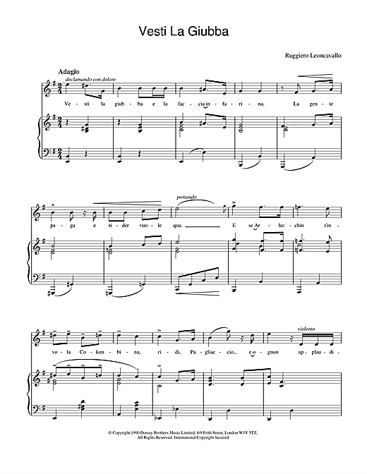 Preview Ruggero Leoncavallo Vesti La Giubba Classical sheet music, notes and chords for Piano & Vocal, SKU: 15770 sheet music, piano notes, chords, guitar tabs, score, transpose, transcribe, how to play, guide, download, learn, tutorial, progression, song, artist, awards, billboard, mtv, vh1, tour, single, album, release