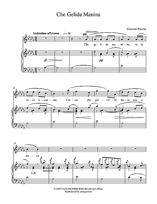 Preview Giacomo Puccini Che Gelida Manina Classical sheet music, notes and chords for Piano & Vocal, SKU: 15771 sheet music, piano notes, chords, guitar tabs, score, transpose, transcribe, how to play, guide, download, learn, tutorial, progression, song, artist, awards, billboard, mtv, vh1, tour, single, album, release