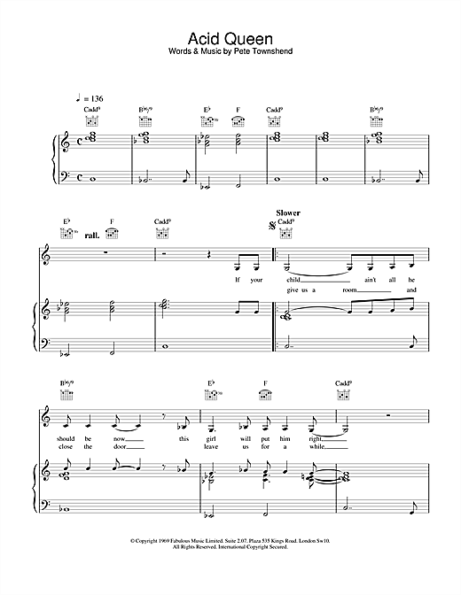 Preview The Who Acid Queen Rock sheet music, notes and chords for Piano, Vocal & Guitar (Right-Hand Melody), SKU: 15777 sheet music, piano notes, chords, guitar tabs, score, transpose, transcribe, how to play, guide, download, learn, tutorial, progression, song, artist, awards, billboard, mtv, vh1, tour, single, album, release