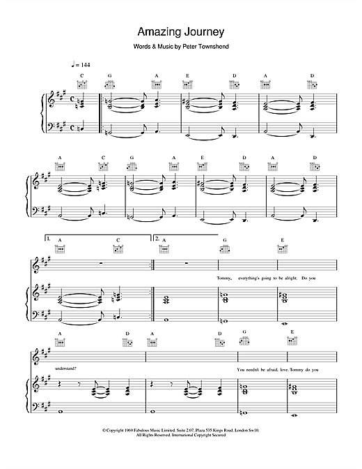 Preview The Who Amazing Journey Rock sheet music, notes and chords for Piano, Vocal & Guitar (Right-Hand Melody), SKU: 15778 sheet music, piano notes, chords, guitar tabs, score, transpose, transcribe, how to play, guide, download, learn, tutorial, progression, song, artist, awards, billboard, mtv, vh1, tour, single, album, release