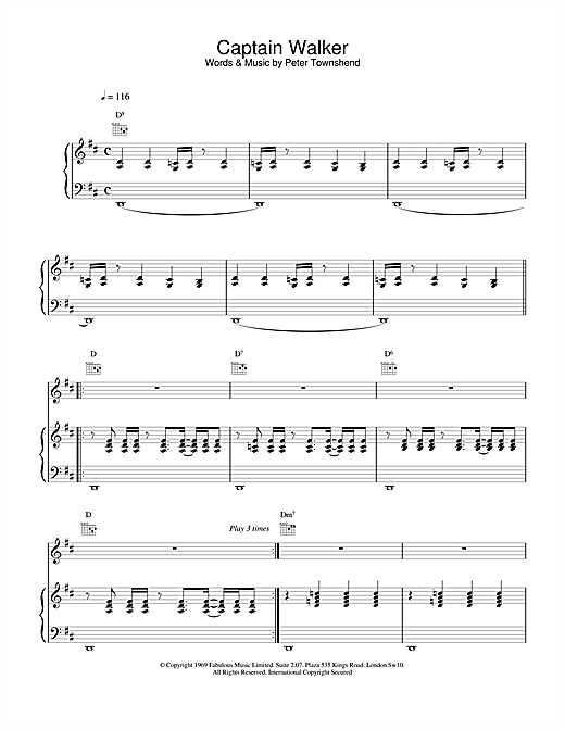 Preview The Who Captain Walker Rock sheet music, notes and chords for Piano, Vocal & Guitar, SKU: 15779 sheet music, piano notes, chords, guitar tabs, score, transpose, transcribe, how to play, guide, download, learn, tutorial, progression, song, artist, awards, billboard, mtv, vh1, tour, single, album, release