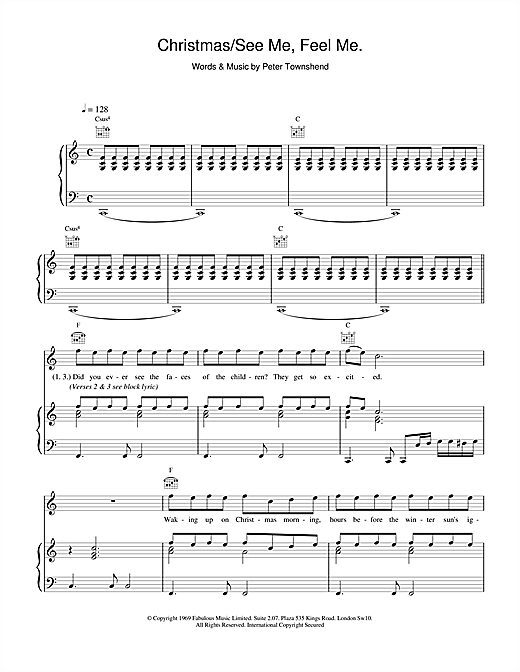 Preview The Who Christmas/See Me Feel Me Rock sheet music, notes and chords for Piano, Vocal & Guitar (Right-Hand Melody), SKU: 15780 sheet music, piano notes, chords, guitar tabs, score, transpose, transcribe, how to play, guide, download, learn, tutorial, progression, song, artist, awards, billboard, mtv, vh1, tour, single, album, release