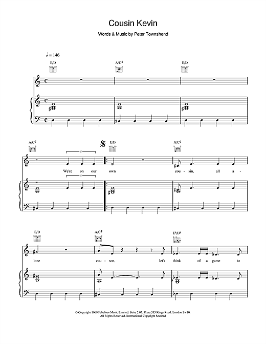 Preview The Who Cousin Kevin Rock sheet music, notes and chords for Piano, Vocal & Guitar (Right-Hand Melody), SKU: 15781 sheet music, piano notes, chords, guitar tabs, score, transpose, transcribe, how to play, guide, download, learn, tutorial, progression, song, artist, awards, billboard, mtv, vh1, tour, single, album, release