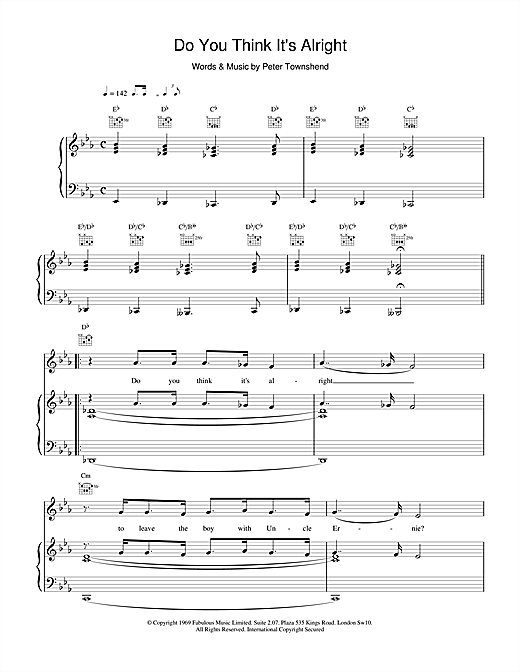 Preview The Who Do You Think It's Alright Rock sheet music, notes and chords for Piano, Vocal & Guitar (Right-Hand Melody), SKU: 15782 sheet music, piano notes, chords, guitar tabs, score, transpose, transcribe, how to play, guide, download, learn, tutorial, progression, song, artist, awards, billboard, mtv, vh1, tour, single, album, release