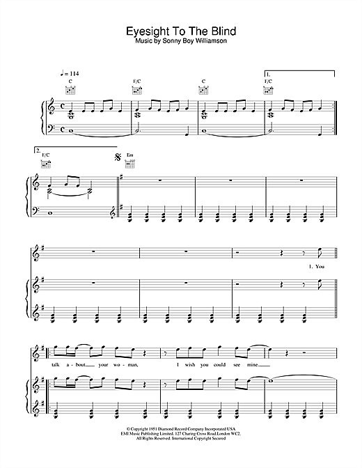 Preview The Who Eyesight To The Blind Rock sheet music, notes and chords for Piano, Vocal & Guitar (Right-Hand Melody), SKU: 15783 sheet music, piano notes, chords, guitar tabs, score, transpose, transcribe, how to play, guide, download, learn, tutorial, progression, song, artist, awards, billboard, mtv, vh1, tour, single, album, release