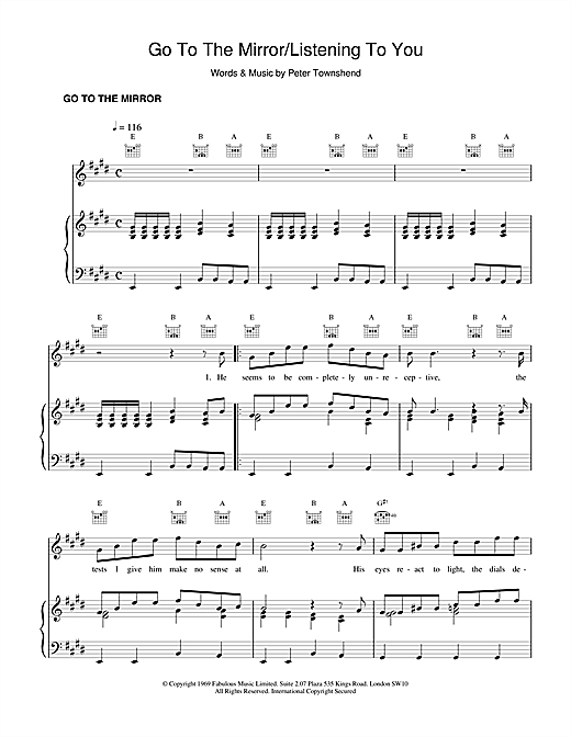 Preview The Who Go To The Mirror Rock sheet music, notes and chords for Piano, Vocal & Guitar (Right-Hand Melody), SKU: 15785 sheet music, piano notes, chords, guitar tabs, score, transpose, transcribe, how to play, guide, download, learn, tutorial, progression, song, artist, awards, billboard, mtv, vh1, tour, single, album, release