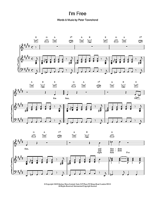 Preview The Who I'm Free Rock sheet music, notes and chords for Piano, Vocal & Guitar (Right-Hand Melody), SKU: 15786 sheet music, piano notes, chords, guitar tabs, score, transpose, transcribe, how to play, guide, download, learn, tutorial, progression, song, artist, awards, billboard, mtv, vh1, tour, single, album, release