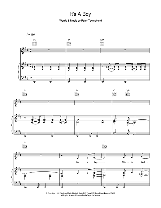 Preview The Who It's A Boy Rock sheet music, notes and chords for Piano, Vocal & Guitar (Right-Hand Melody), SKU: 15787 sheet music, piano notes, chords, guitar tabs, score, transpose, transcribe, how to play, guide, download, learn, tutorial, progression, song, artist, awards, billboard, mtv, vh1, tour, single, album, release