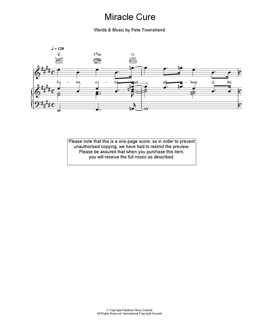 Preview The Who Miracle Cure Rock sheet music, notes and chords for Piano, Vocal & Guitar (Right-Hand Melody), SKU: 15788 sheet music, piano notes, chords, guitar tabs, score, transpose, transcribe, how to play, guide, download, learn, tutorial, progression, song, artist, awards, billboard, mtv, vh1, tour, single, album, release