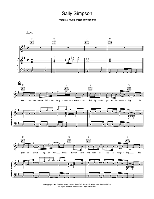 Preview The Who Sally Simpson Rock sheet music, notes and chords for Piano, Vocal & Guitar (Right-Hand Melody), SKU: 15790 sheet music, piano notes, chords, guitar tabs, score, transpose, transcribe, how to play, guide, download, learn, tutorial, progression, song, artist, awards, billboard, mtv, vh1, tour, single, album, release