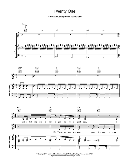 Preview The Who Twenty One Rock sheet music, notes and chords for Piano, Vocal & Guitar (Right-Hand Melody), SKU: 15796 sheet music, piano notes, chords, guitar tabs, score, transpose, transcribe, how to play, guide, download, learn, tutorial, progression, song, artist, awards, billboard, mtv, vh1, tour, single, album, release