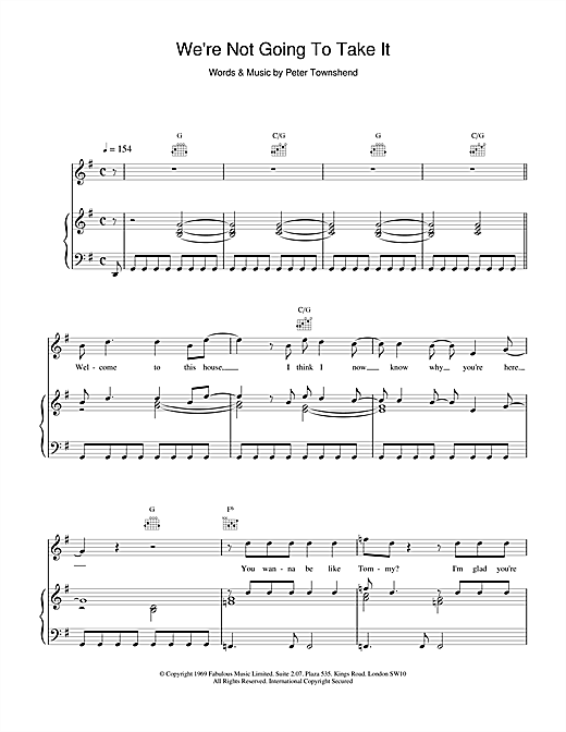 Preview The Who We're Not Going To Take It Rock sheet music, notes and chords for Piano, Vocal & Guitar (Right-Hand Melody), SKU: 15797 sheet music, piano notes, chords, guitar tabs, score, transpose, transcribe, how to play, guide, download, learn, tutorial, progression, song, artist, awards, billboard, mtv, vh1, tour, single, album, release