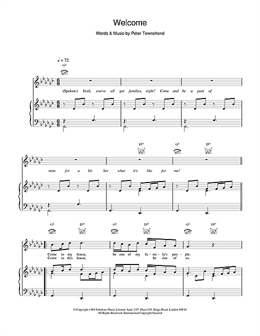 Preview The Who Welcome Rock sheet music, notes and chords for Piano, Vocal & Guitar (Right-Hand Melody), SKU: 15798 sheet music, piano notes, chords, guitar tabs, score, transpose, transcribe, how to play, guide, download, learn, tutorial, progression, song, artist, awards, billboard, mtv, vh1, tour, single, album, release