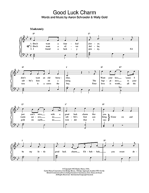 Preview Elvis Presley Good Luck Charm Pop sheet music, notes and chords for Piano, SKU: 15805 sheet music, piano notes, chords, guitar tabs, score, transpose, transcribe, how to play, guide, download, learn, tutorial, progression, song, artist, awards, billboard, mtv, vh1, tour, single, album, release