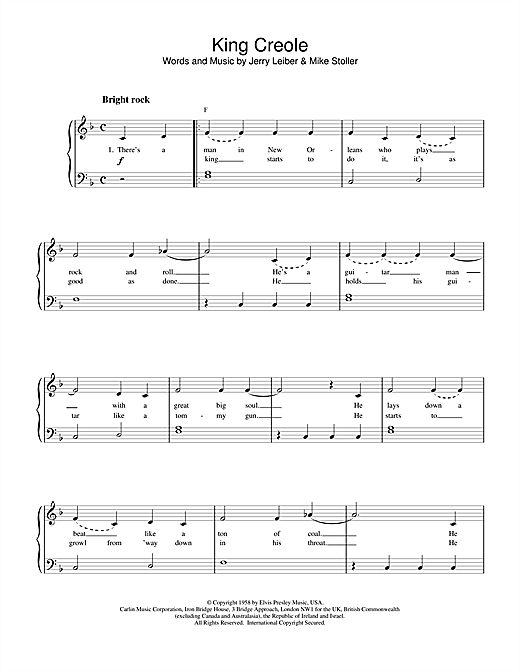 Preview Elvis Presley King Creole Pop sheet music, notes and chords for Piano, SKU: 15808 sheet music, piano notes, chords, guitar tabs, score, transpose, transcribe, how to play, guide, download, learn, tutorial, progression, song, artist, awards, billboard, mtv, vh1, tour, single, album, release