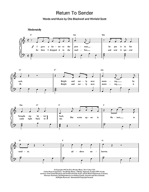 Preview Elvis Presley Return To Sender Pop sheet music, notes and chords for Piano, SKU: 15812 sheet music, piano notes, chords, guitar tabs, score, transpose, transcribe, how to play, guide, download, learn, tutorial, progression, song, artist, awards, billboard, mtv, vh1, tour, single, album, release
