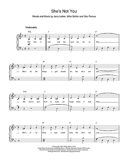 Preview Elvis Presley She's Not You Pop sheet music, notes and chords for Piano, SKU: 15813 sheet music, piano notes, chords, guitar tabs, score, transpose, transcribe, how to play, guide, download, learn, tutorial, progression, song, artist, awards, billboard, mtv, vh1, tour, single, album, release