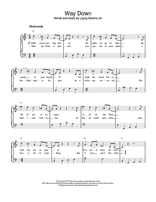 Preview Elvis Presley Way Down Pop sheet music, notes and chords for Piano, SKU: 15816 sheet music, piano notes, chords, guitar tabs, score, transpose, transcribe, how to play, guide, download, learn, tutorial, progression, song, artist, awards, billboard, mtv, vh1, tour, single, album, release