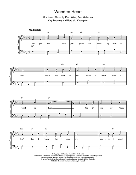 Preview Elvis Presley Wooden Heart Pop sheet music, notes and chords for Piano, SKU: 15817 sheet music, piano notes, chords, guitar tabs, score, transpose, transcribe, how to play, guide, download, learn, tutorial, progression, song, artist, awards, billboard, mtv, vh1, tour, single, album, release
