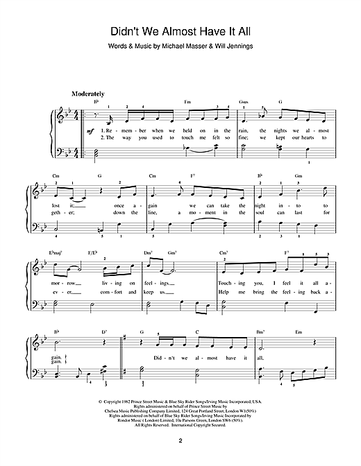 Preview Whitney Houston Didn't We Almost Have It All Pop sheet music, notes and chords for Piano, Vocal & Guitar (Right-Hand Melody), SKU: 15818 sheet music, piano notes, chords, guitar tabs, score, transpose, transcribe, how to play, guide, download, learn, tutorial, progression, song, artist, awards, billboard, mtv, vh1, tour, single, album, release