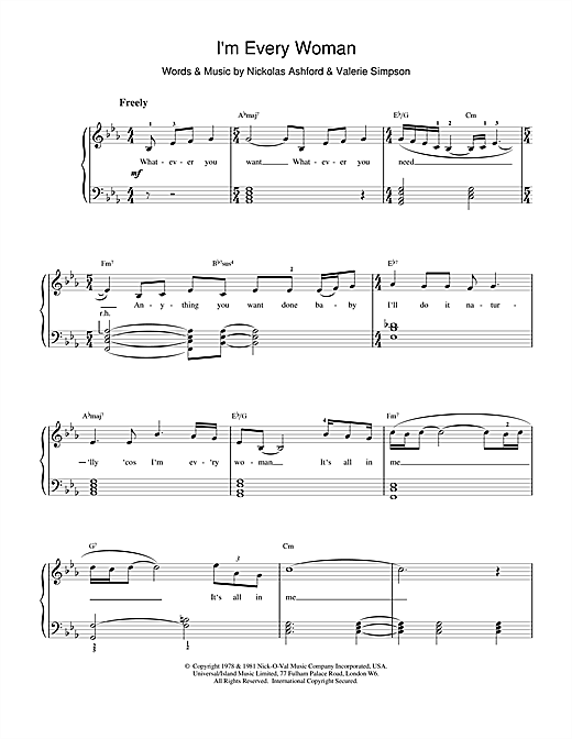 Preview Whitney Houston I'm Every Woman Pop sheet music, notes and chords for Easy Piano, SKU: 15820 sheet music, piano notes, chords, guitar tabs, score, transpose, transcribe, how to play, guide, download, learn, tutorial, progression, song, artist, awards, billboard, mtv, vh1, tour, single, album, release