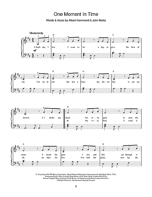 Preview Whitney Houston One Moment In Time Pop sheet music, notes and chords for Easy Piano, SKU: 15822 sheet music, piano notes, chords, guitar tabs, score, transpose, transcribe, how to play, guide, download, learn, tutorial, progression, song, artist, awards, billboard, mtv, vh1, tour, single, album, release