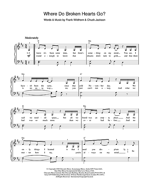 Preview Whitney Houston Where Do Broken Hearts Go? Pop sheet music, notes and chords for Piano, Vocal & Guitar (Right-Hand Melody), SKU: 15826 sheet music, piano notes, chords, guitar tabs, score, transpose, transcribe, how to play, guide, download, learn, tutorial, progression, song, artist, awards, billboard, mtv, vh1, tour, single, album, release