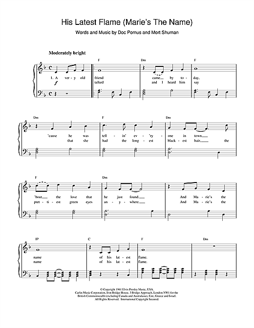 Preview Elvis Presley (Marie's The Name) His Latest Flame Pop sheet music, notes and chords for Piano, Vocal & Guitar (Right-Hand Melody), SKU: 15833 sheet music, piano notes, chords, guitar tabs, score, transpose, transcribe, how to play, guide, download, learn, tutorial, progression, song, artist, awards, billboard, mtv, vh1, tour, single, album, release