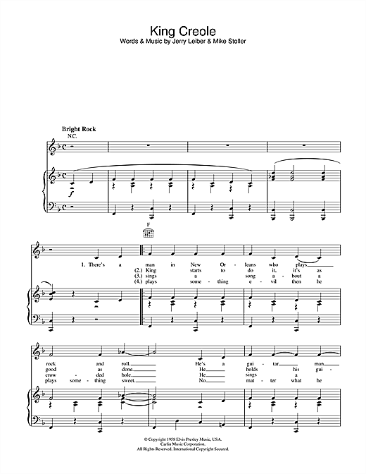 Preview Elvis Presley King Creole Pop sheet music, notes and chords for Piano, Vocal & Guitar (Right-Hand Melody), SKU: 15835 sheet music, piano notes, chords, guitar tabs, score, transpose, transcribe, how to play, guide, download, learn, tutorial, progression, song, artist, awards, billboard, mtv, vh1, tour, single, album, release