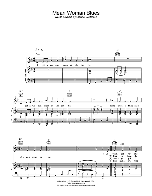 Preview Elvis Presley Mean Woman Blues Pop sheet music, notes and chords for Piano, Vocal & Guitar (Right-Hand Melody), SKU: 15837 sheet music, piano notes, chords, guitar tabs, score, transpose, transcribe, how to play, guide, download, learn, tutorial, progression, song, artist, awards, billboard, mtv, vh1, tour, single, album, release