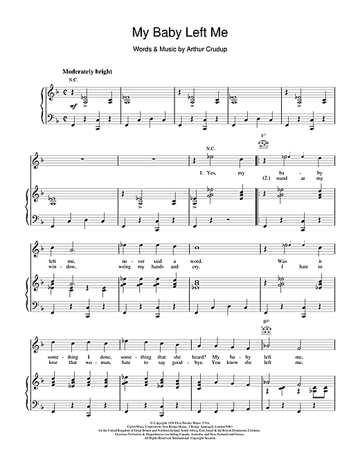 Preview Elvis Presley My Baby Left Me Pop sheet music, notes and chords for Piano, Vocal & Guitar (Right-Hand Melody), SKU: 15838 sheet music, piano notes, chords, guitar tabs, score, transpose, transcribe, how to play, guide, download, learn, tutorial, progression, song, artist, awards, billboard, mtv, vh1, tour, single, album, release