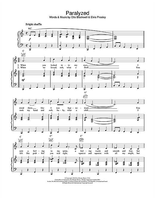 Preview Elvis Presley Paralyzed Pop sheet music, notes and chords for Piano, Vocal & Guitar (Right-Hand Melody), SKU: 15839 sheet music, piano notes, chords, guitar tabs, score, transpose, transcribe, how to play, guide, download, learn, tutorial, progression, song, artist, awards, billboard, mtv, vh1, tour, single, album, release