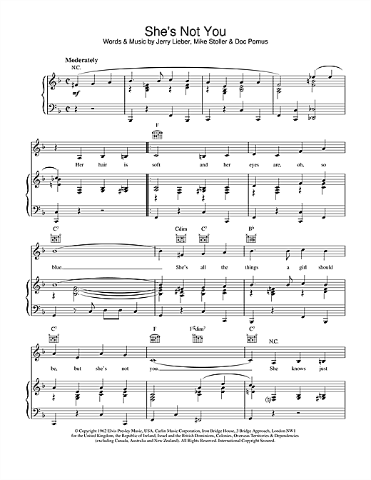Preview Elvis Presley She's Not You Pop sheet music, notes and chords for Piano, Vocal & Guitar (Right-Hand Melody), SKU: 15841 sheet music, piano notes, chords, guitar tabs, score, transpose, transcribe, how to play, guide, download, learn, tutorial, progression, song, artist, awards, billboard, mtv, vh1, tour, single, album, release