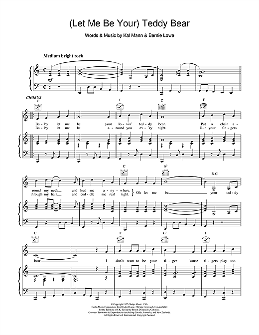 Preview Elvis Presley (Let Me Be Your) Teddy Bear Pop sheet music, notes and chords for Piano, Vocal & Guitar (Right-Hand Melody), SKU: 15843 sheet music, piano notes, chords, guitar tabs, score, transpose, transcribe, how to play, guide, download, learn, tutorial, progression, song, artist, awards, billboard, mtv, vh1, tour, single, album, release
