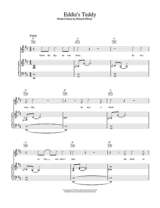 Preview Richard O'Brien Eddie's Teddy (from The Rocky Horror Picture Show) Rock sheet music, notes and chords for Piano, Vocal & Guitar (Right-Hand Melody), SKU: 15846 sheet music, piano notes, chords, guitar tabs, score, transpose, transcribe, how to play, guide, download, learn, tutorial, progression, song, artist, awards, billboard, mtv, vh1, tour, single, album, release