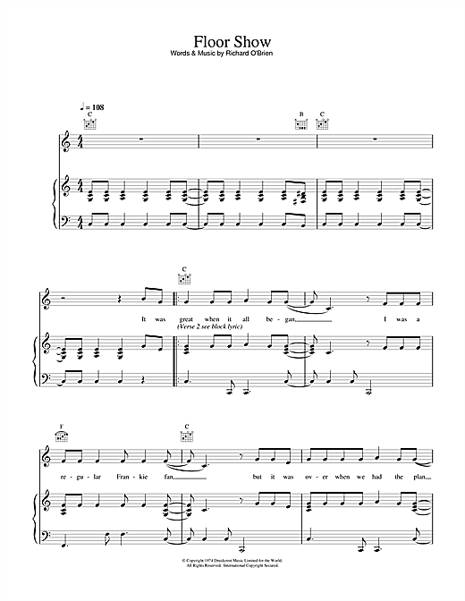 Preview Richard O'Brien Floor Show (from The Rocky Horror Picture Show) Rock sheet music, notes and chords for Piano, Vocal & Guitar (Right-Hand Melody), SKU: 15847 sheet music, piano notes, chords, guitar tabs, score, transpose, transcribe, how to play, guide, download, learn, tutorial, progression, song, artist, awards, billboard, mtv, vh1, tour, single, album, release