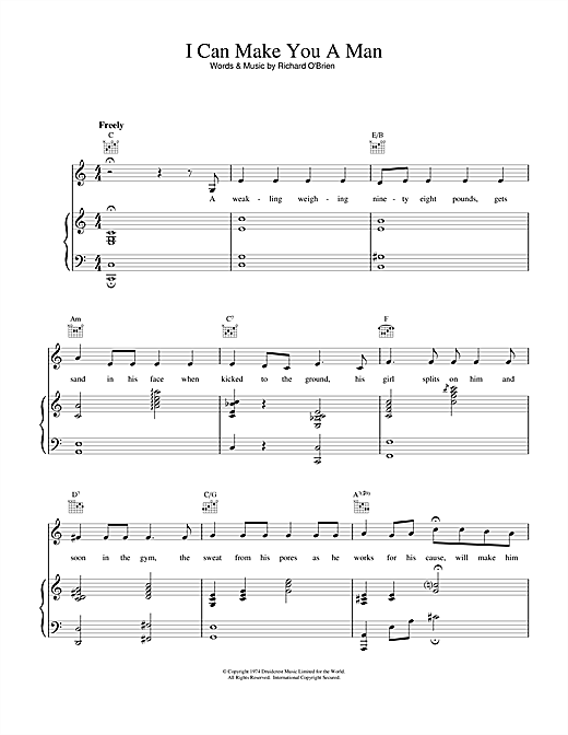 Preview Richard O'Brien I Can Make You A Man (from The Rocky Horror Picture Show) Rock sheet music, notes and chords for Piano, Vocal & Guitar, SKU: 15848 sheet music, piano notes, chords, guitar tabs, score, transpose, transcribe, how to play, guide, download, learn, tutorial, progression, song, artist, awards, billboard, mtv, vh1, tour, single, album, release