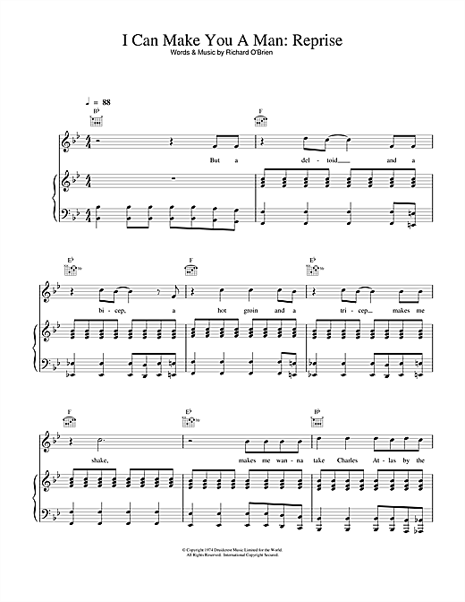 Preview Richard O'Brien I Can Make You A Man - Reprise (from The Rocky Horror Picture Show) Rock sheet music, notes and chords for Piano, Vocal & Guitar, SKU: 15849 sheet music, piano notes, chords, guitar tabs, score, transpose, transcribe, how to play, guide, download, learn, tutorial, progression, song, artist, awards, billboard, mtv, vh1, tour, single, album, release