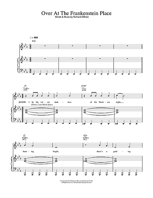 Preview Richard O'Brien Over At The Frankenstein Place (from The Rocky Horror Picture Show) Rock sheet music, notes and chords for Piano, Vocal & Guitar, SKU: 15852 sheet music, piano notes, chords, guitar tabs, score, transpose, transcribe, how to play, guide, download, learn, tutorial, progression, song, artist, awards, billboard, mtv, vh1, tour, single, album, release