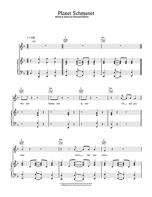 Preview Richard O'Brien Planet Schmanet (from The Rocky Horror Picture Show) Rock sheet music, notes and chords for Piano, Vocal & Guitar, SKU: 15853 sheet music, piano notes, chords, guitar tabs, score, transpose, transcribe, how to play, guide, download, learn, tutorial, progression, song, artist, awards, billboard, mtv, vh1, tour, single, album, release