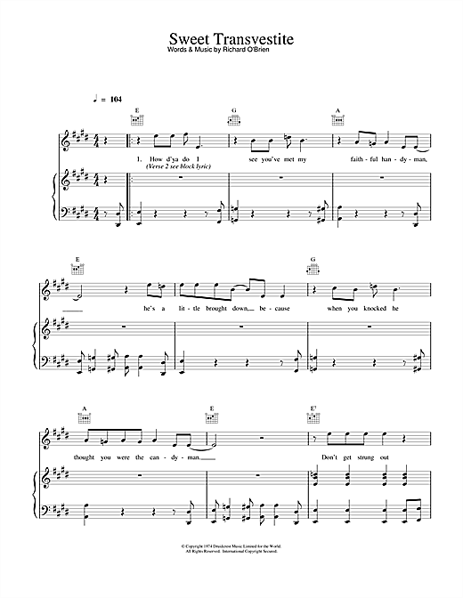 Preview Richard O'Brien Sweet Transvestite (from The Rocky Horror Picture Show) Rock sheet music, notes and chords for Piano, Vocal & Guitar, SKU: 15857 sheet music, piano notes, chords, guitar tabs, score, transpose, transcribe, how to play, guide, download, learn, tutorial, progression, song, artist, awards, billboard, mtv, vh1, tour, single, album, release