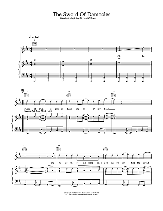 Preview Richard O'Brien The Sword Of Damocles (from The Rocky Horror Picture Show) Rock sheet music, notes and chords for Piano, Vocal & Guitar (Right-Hand Melody), SKU: 15858 sheet music, piano notes, chords, guitar tabs, score, transpose, transcribe, how to play, guide, download, learn, tutorial, progression, song, artist, awards, billboard, mtv, vh1, tour, single, album, release