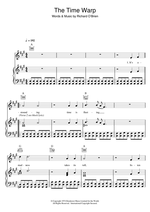 Preview Richard O'Brien The Time Warp (from The Rocky Horror Picture Show) Musicals sheet music, notes and chords for Piano, Vocal & Guitar (Right-Hand Melody), SKU: 15859 sheet music, piano notes, chords, guitar tabs, score, transpose, transcribe, how to play, guide, download, learn, tutorial, progression, song, artist, awards, billboard, mtv, vh1, tour, single, album, release