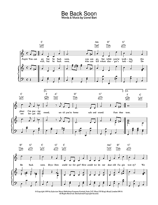 Preview Lionel Bart Be Back Soon (from Oliver!) Musicals sheet music, notes and chords for Piano, Vocal & Guitar (Right-Hand Melody), SKU: 15862 sheet music, piano notes, chords, guitar tabs, score, transpose, transcribe, how to play, guide, download, learn, tutorial, progression, song, artist, awards, billboard, mtv, vh1, tour, single, album, release