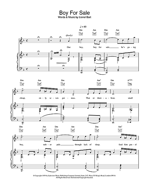Preview Lionel Bart Boy For Sale (from Oliver!) Musicals sheet music, notes and chords for Piano, Vocal & Guitar (Right-Hand Melody), SKU: 15863 sheet music, piano notes, chords, guitar tabs, score, transpose, transcribe, how to play, guide, download, learn, tutorial, progression, song, artist, awards, billboard, mtv, vh1, tour, single, album, release