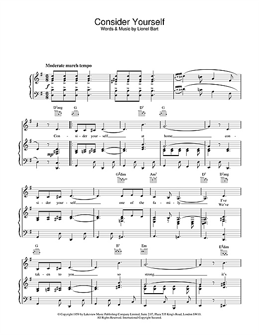Preview Lionel Bart Consider Yourself (from Oliver!) Musicals sheet music, notes and chords for Piano, Vocal & Guitar (Right-Hand Melody), SKU: 15864 sheet music, piano notes, chords, guitar tabs, score, transpose, transcribe, how to play, guide, download, learn, tutorial, progression, song, artist, awards, billboard, mtv, vh1, tour, single, album, release
