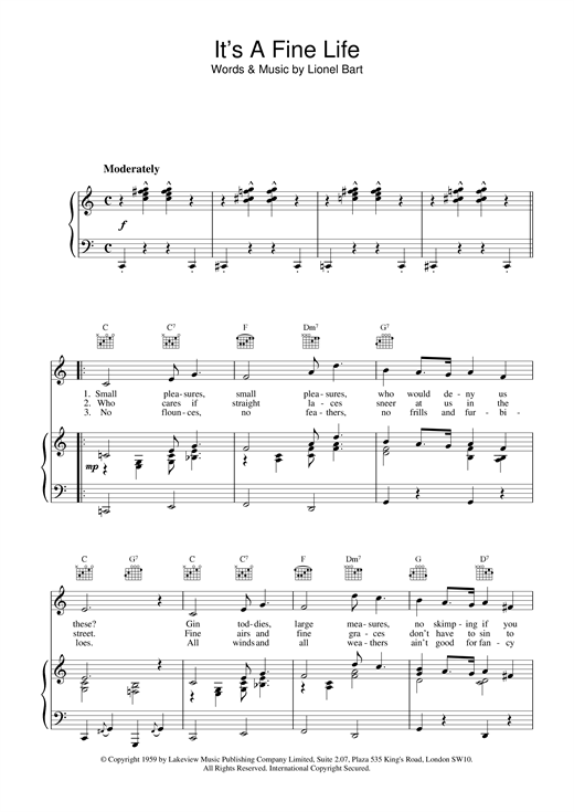 Preview Lionel Bart It's A Fine Life (from Oliver!) Musicals sheet music, notes and chords for Piano, Vocal & Guitar (Right-Hand Melody), SKU: 15865 sheet music, piano notes, chords, guitar tabs, score, transpose, transcribe, how to play, guide, download, learn, tutorial, progression, song, artist, awards, billboard, mtv, vh1, tour, single, album, release