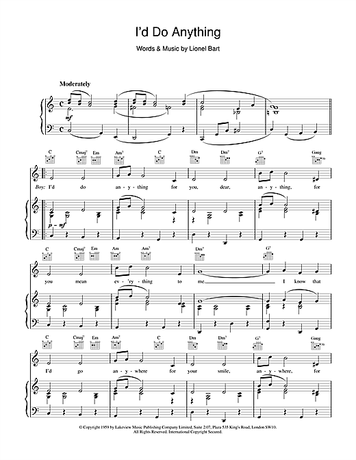 Preview Lionel Bart I'd Do Anything (from Oliver!) Musicals sheet music, notes and chords for Piano, Vocal & Guitar (Right-Hand Melody), SKU: 15866 sheet music, piano notes, chords, guitar tabs, score, transpose, transcribe, how to play, guide, download, learn, tutorial, progression, song, artist, awards, billboard, mtv, vh1, tour, single, album, release