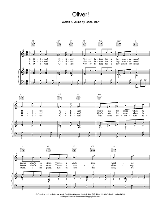 Preview Lionel Bart Oliver! Musicals sheet music, notes and chords for Piano, Vocal & Guitar (Right-Hand Melody), SKU: 15867 sheet music, piano notes, chords, guitar tabs, score, transpose, transcribe, how to play, guide, download, learn, tutorial, progression, song, artist, awards, billboard, mtv, vh1, tour, single, album, release